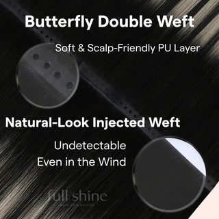 Black with Silver Blonde Highlights Butterfly Weft XO Invisible Weft by Fullshine creates seamless and long-lasting hair extensions.
