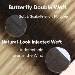 Dark Brown to Blonde Balayage Butterfly Weft XO Invisible Weft by Fullshine provides seamless, high-quality hair extensions.
