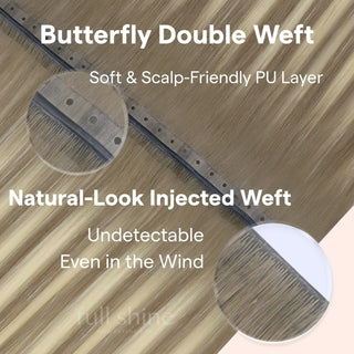 Light Ash Brown Balayage Butterfly Weft XO Invisible Weft by Fullshine creates seamless, high-quality hair extensions.

