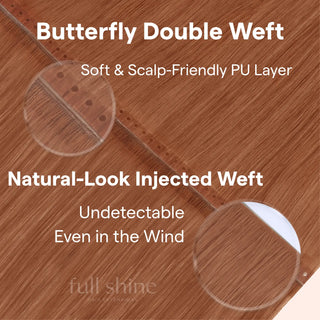 Red Copper Butterfly Weft XO Invisible Weft by Fullshine creates seamless, high-quality hair extensions.
