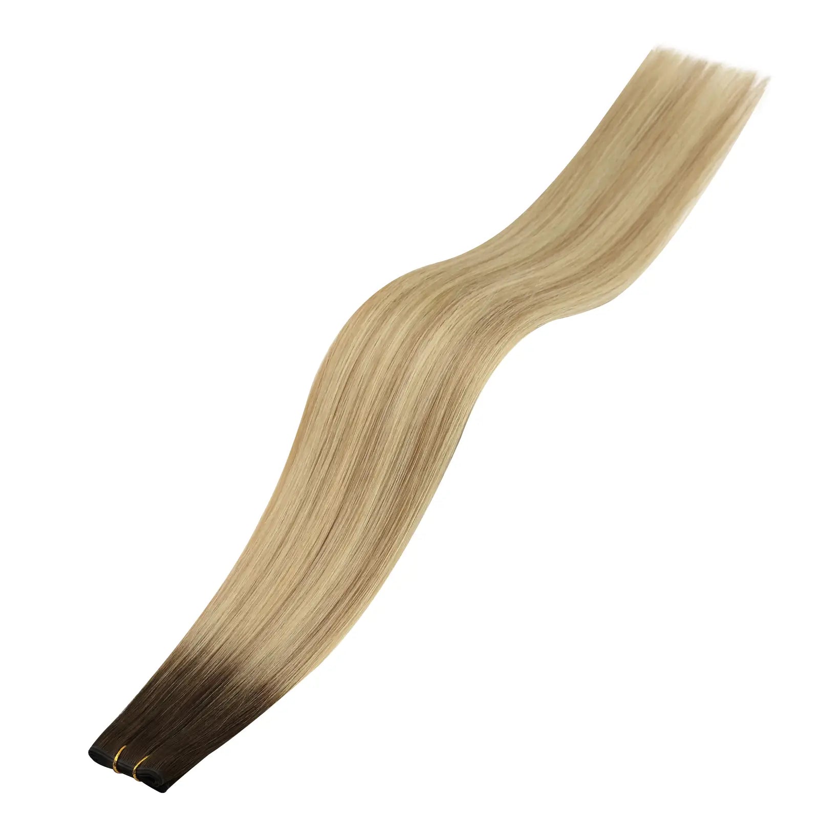 Full Shine dark brown to blonde balayage XO Invisible Weft virgin human hair extensions for a Golden Hour Bronde inspired look