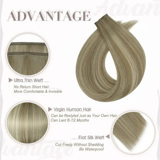 Ash brown balayage with blonde accents crafted in lightweight invisible weft technology.