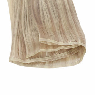 Fullshine flat silk weft featuring blonde lowlights and rosy brown ribbons.