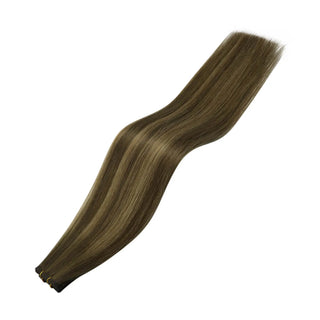 Fullshine invisible weft brown balayage with blonde accents for a natural sun-lit effect.