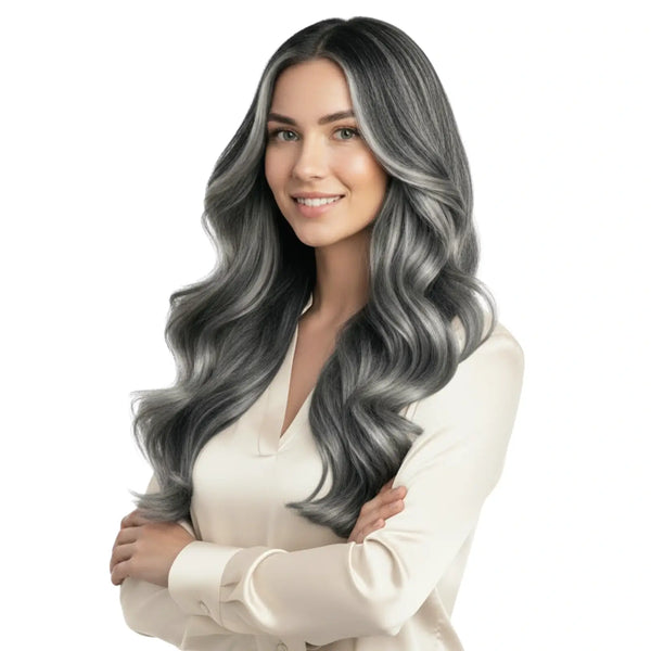 Fullshine Virgin Hair XO Invisible Weft in Black with Silver Blonde Highlights adds natural volume and stylish highlights.
