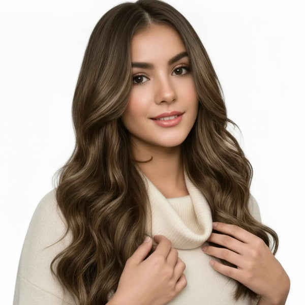 Fullshine Virgin Hair XO Invisible Weft in Brown Balayage provides natural-looking volume and easy application.