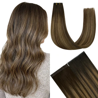 Fullshine Virgin Hair XO Invisible Weft in Brown Balayage provides natural-looking volume and easy application.