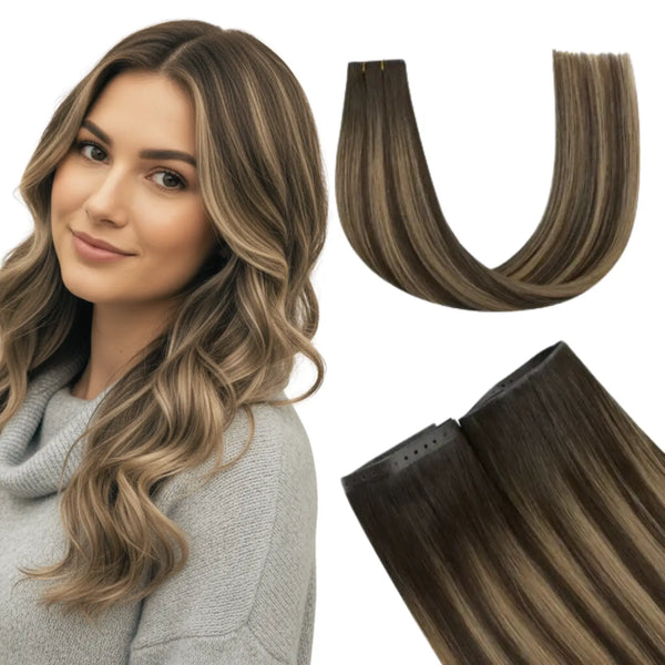 Fullshine Virgin Hair XO Invisible Weft in Brown with Blonde Highlights adds natural-looking volume and effortless style.
