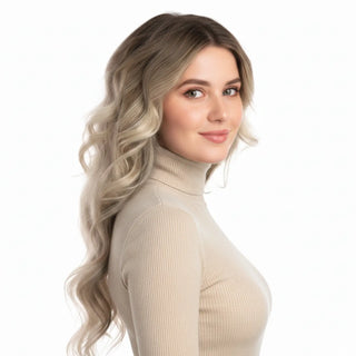 Fullshine Virgin Hair XO Invisible Weft in Dark Brown to Blonde Balayage offers soft, silky hair with natural-looking highlights.