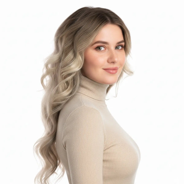 Fullshine Virgin Hair XO Invisible Weft in Dark Brown to Blonde Balayage offers soft, silky hair with natural-looking highlights.