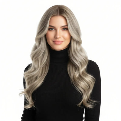 Fullshine Virgin Hair XO Invisible Weft in Light Ash Brown Balayage provides natural-looking volume and effortless styling.
