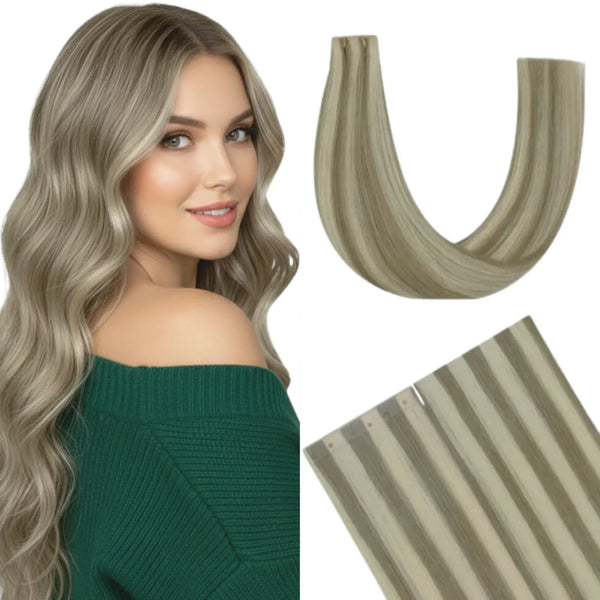 Fullshine Virgin Hair XO Invisible Weft in Light Ash Brown with Blonde Highlights provides natural volume and effortless styling.
