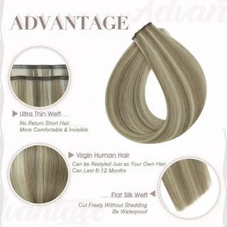 Virgin light ash brown hair with blonde hand-painted highlights in Fullshine flat silk weft design.