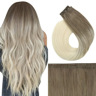 Fullshine ash brown to blonde ombre virgin hair transitioning gradually for a natural sun-kissed effect.