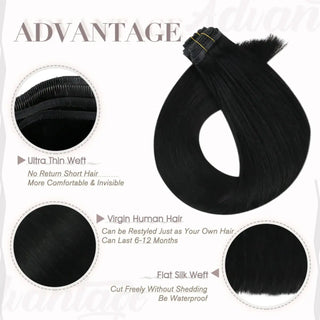 Jet black Fullshine virgin hair invisible weft extensions designed for smooth, seamless installation.
