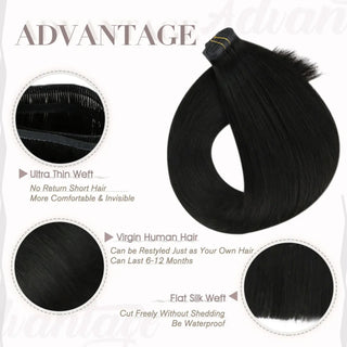 Off black Fullshine virgin hair weft providing seamless blending and natural movement.