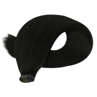 Off black virgin hair with invisible weft design for realistic blending.