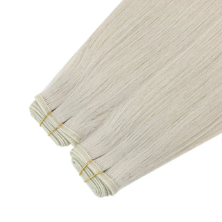 Fullshine platinum blonde weft extensions made with virgin hair for a natural, luxurious look.