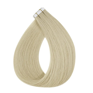 Silky platinum blonde virgin hair tape ins create a luminous bright-blonde effect.
