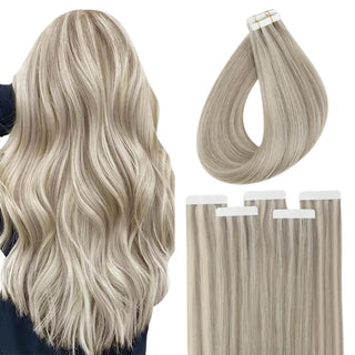 Fullshine blonde lowlights virgin tape ins create soft contrast for natural dimension.