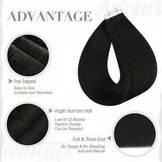 Natural off black Fullshine virgin hair tape ins designed for smooth, invisible installation.