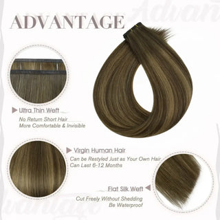 Dimensional brown balayage with blonde touches in Fullshine invisible and flat silk wefts.