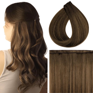 Fullshine brown balayage with blonde highlights in virgin hair for high-dimension color.