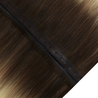 Fullshine Virgin Hair Butterfly Weft in Dark Brown to Blonde Balayage is ideal for blending colors and effortless styling.
