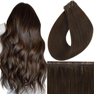 Fullshine dark brown virgin hair invisible and flat silk weft extensions for smooth natural blending.
