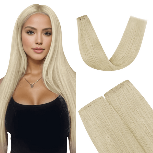 Fullshine Virgin Hair Extensions, Platinum Blonde Color, Seamless Invisible Weft, 22 Inches, 100% Real Human Hair, Lightweight, Tangle-Free, Effortless Shine, Soft and Silky Texture, Luxurious Bleach Blonde, Natural Movement, Full Body Volume, Long-Lasting Results, Easy Application, Non-Shedding, Comfortable Wear