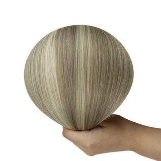 Fullshine hand-crafted flat silk weft offering ash brown and blonde highlighted tones.