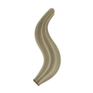 Fullshine invisible weft virgin hair with soft ash brown and blonde highlighted gradient.