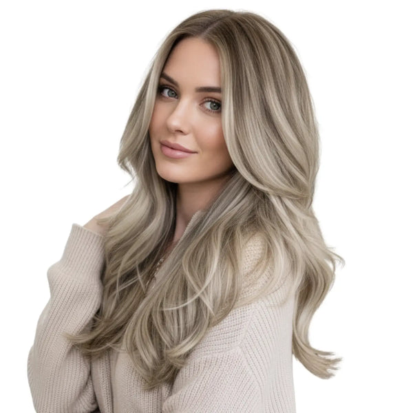 Fullshine Virgin Hair XO Invisible Weft in Ash Brown Balayage with Blonde Highlights creates a soft, dimensional blend with natural fullness.

