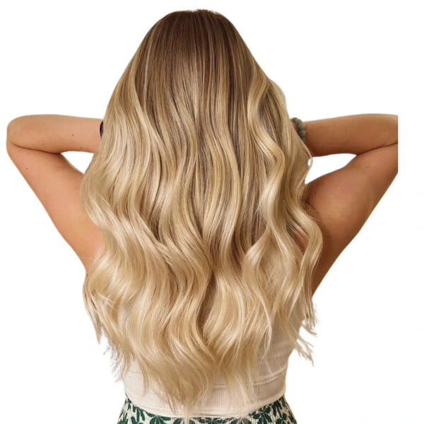 Fullshine Virgin Hair XO Invisible Weft in Dark Brown to Blonde Balayage provides natural-looking volume and effortless style.