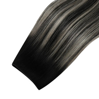 Fullshine Virgin Hair Black with Silver Blonde Highlights XO Invisible Weft offers soft, silky hair that is easy to clip in.
