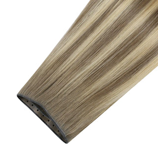 Fullshine Virgin Hair Light Ash Brown Balayage XO Invisible Weft offers soft, silky hair that is easy to clip in.
