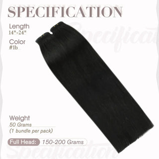 Fullshine invisible weft in off black virgin hair designed for lightweight wear.