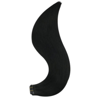 Fullshine jet black human hair wefts with a smooth texture and seamless blending.
