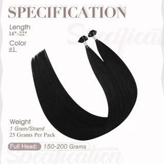Full Shine jet black K tip hair extensions use virgin human hair to create discreet volume for thin hair.