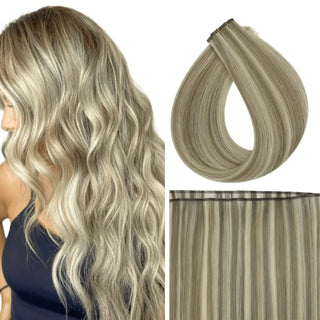 Fullshine light ash brown balayage virgin hair with blonde highlights for soft dimension and seamless invisible weft blending.