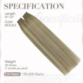 Fullshine flat silk weft extensions combining ash brown base with soft blonde highlights.