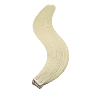 Light blonde tape in extensions from Full Shine use 100 percent virgin human hair for salon-quality results.