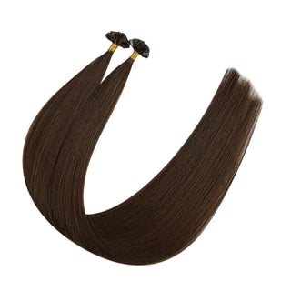 Full Shine virgin hair K tip extensions in medium brown have pre bonded keratin tips for professional fusion installation.