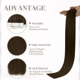 Natural medium brown Fullshine virgin tape in extensions provide fullness and smooth texture.