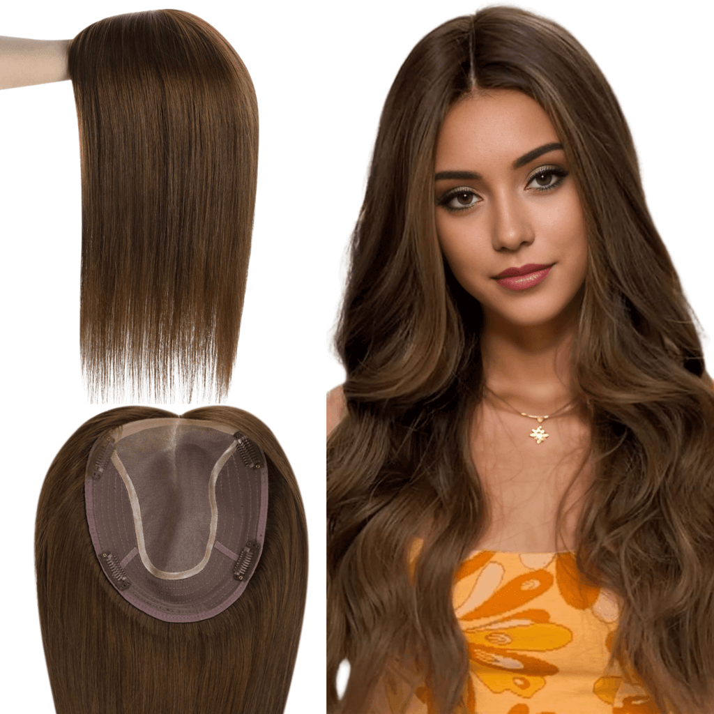 mono base hair topper, medium brown real hair, thinning hair solution, real human hair patch, breathable monofilament base, lightweight crown coverage, natural root blending, realistic scalp illusion, clip in hair enhancer, virgin remy strands, premium hairpiece for women, hair loss coverage insert, high quality hair patch, scalp matching hairpiece, parting friendly topper, seamless integration patch, daily wear hair insert, soft texture hair topper, discreet clip topper