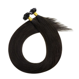 Full Shine off black K tip human hair extensions provide lightweight volume and a seamless blend for thin hair.