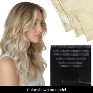 Full Shine near-undetectable PU clip in hair extensions in balayage brown.