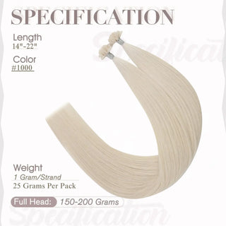 Full Shine platinum blonde K tip hair extensions combine virgin hair with pre bonded keratin tips for professional fusion installation.