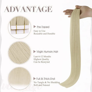 Platinum blonde virgin hair tape in extensions from Fullshine create a high-shine light blonde look.