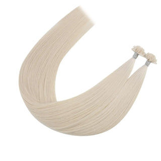 Full Shine platinum blonde virgin human hair K tip extensions feature keratin tips for a secure and seamless blend.